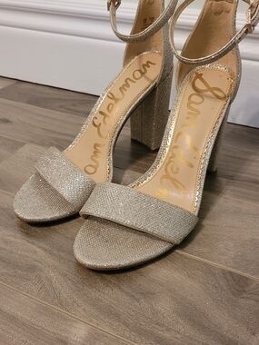 Sam Edelman Gold Glitter Block Heel Sandals - Ankle Strap